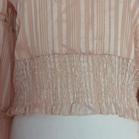 Angie Retro Pink Satin Metallic Bell Sleeves Smocked Cropped Top Size S NWT - Picture 3 of 12